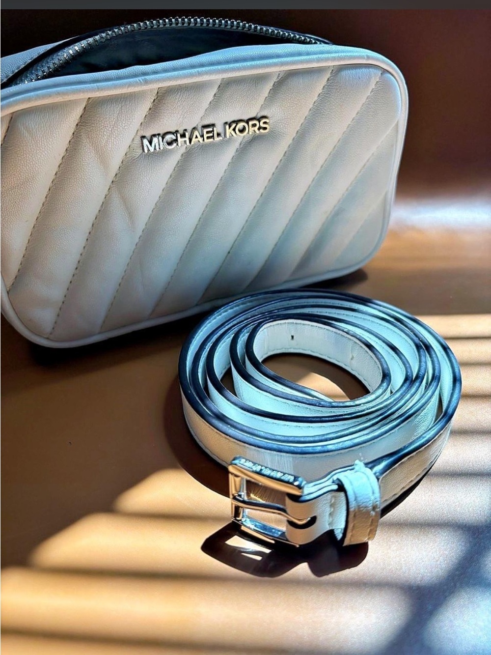 Michael Kors Rose Quilted Leather Convertible Belt Bag White Silver